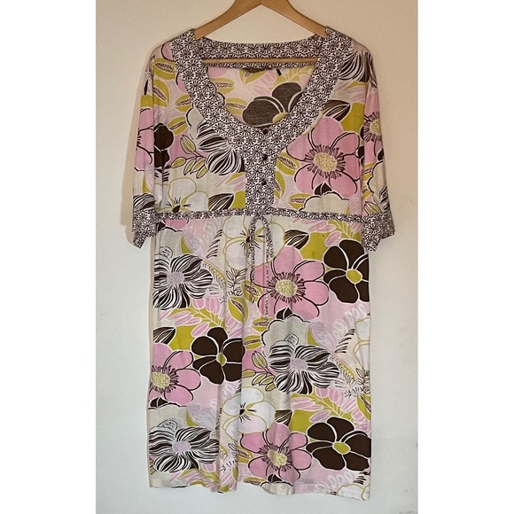 Vintage Tommy Bahama Floral Print Drawstring Dress Pink Brown Green Casual - Picture 1 of 7